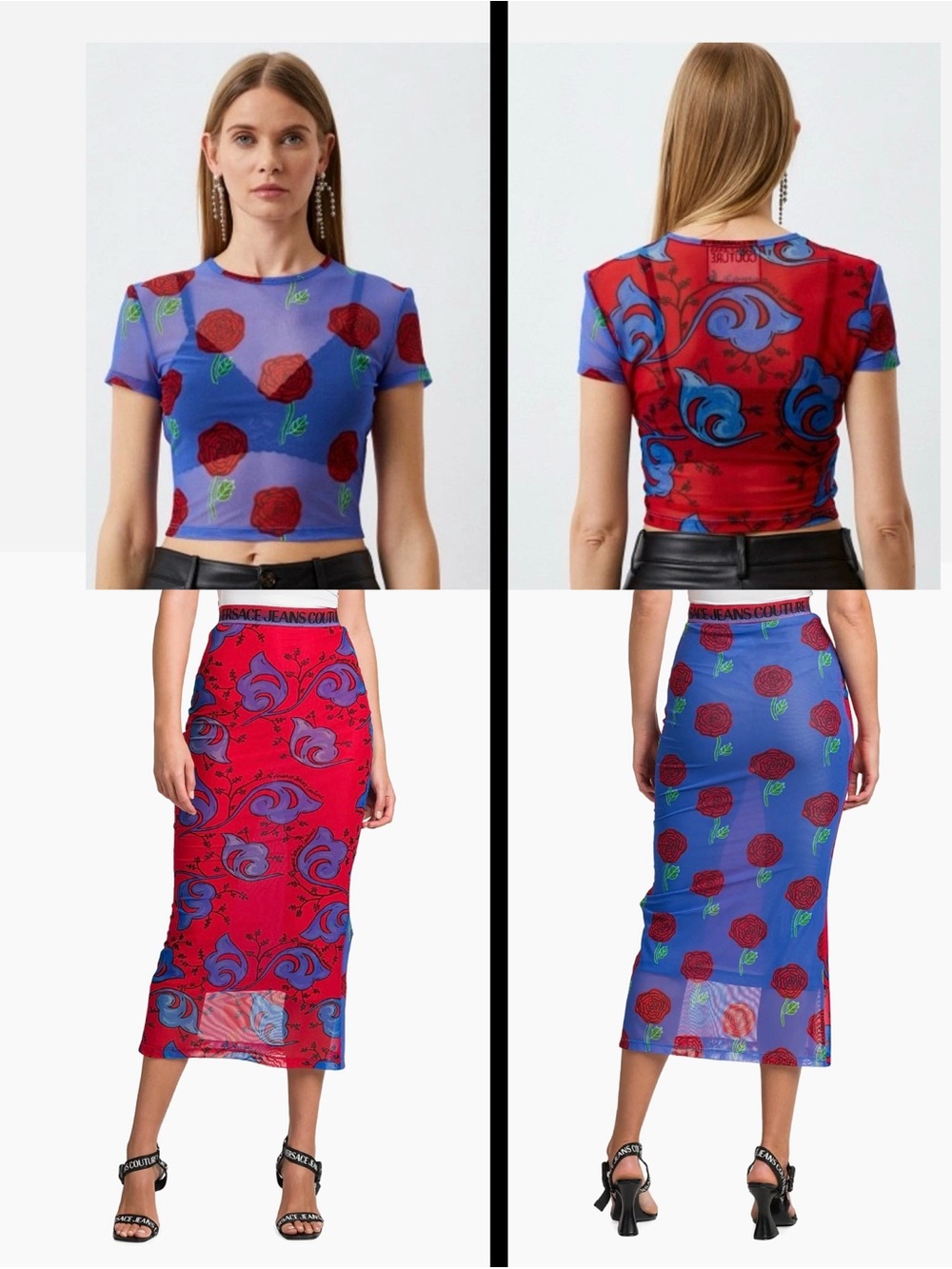 Versace Jeans Couture: Twigs-Print Set - Mesh Crop Shirt and Midi-Skirt